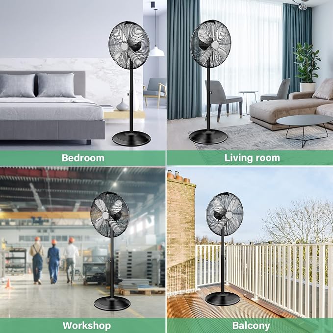 16 Inch High Velocity Stand Fan, Adjustable Heights, 75°Oscillating, Low Noise, Quality Made Fan with 3 Settings Speeds