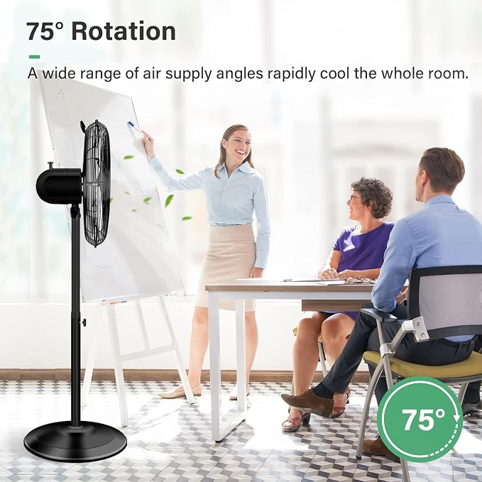 16 Inch High Velocity Stand Fan, Adjustable Heights, 75°Oscillating, Low Noise, Quality Made Fan with 3 Settings Speeds