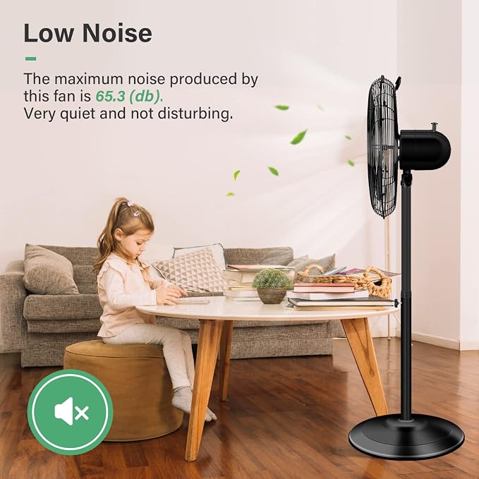 16 Inch High Velocity Stand Fan, Adjustable Heights, 75°Oscillating, Low Noise, Quality Made Fan with 3 Settings Speeds