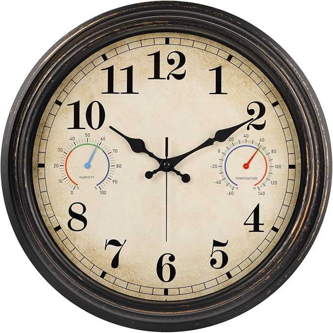 16 Inch Large Outdoor Clock with Thermometer and Hygrometer Combo, Waterproof Indoor Outdoor Wall Clocks for Patio, Pool