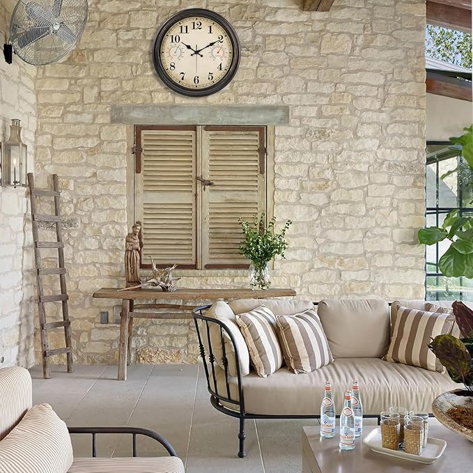 16 Inch Large Outdoor Clock with Thermometer and Hygrometer Combo, Waterproof Indoor Outdoor Wall Clocks for Patio, Pool