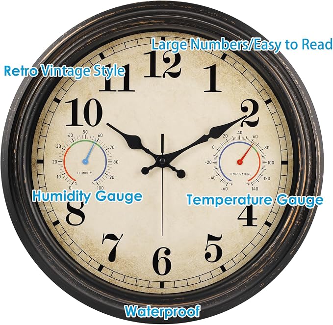 16 Inch Large Outdoor Clock with Thermometer and Hygrometer Combo, Waterproof Indoor Outdoor Wall Clocks for Patio, Pool
