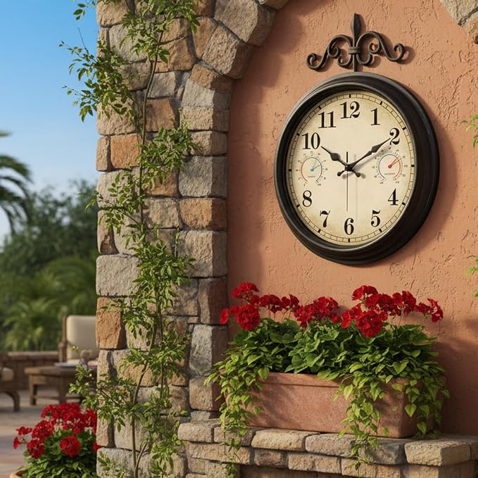 16 Inch Large Outdoor Clock with Thermometer and Hygrometer Combo, Waterproof Indoor Outdoor Wall Clocks for Patio, Pool
