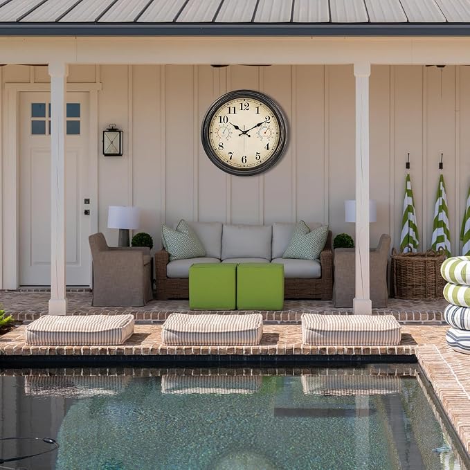16 Inch Large Outdoor Clock with Thermometer and Hygrometer Combo, Waterproof Indoor Outdoor Wall Clocks for Patio, Pool