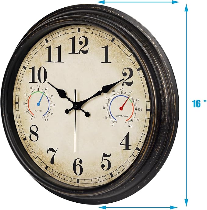 16 Inch Large Outdoor Clock with Thermometer and Hygrometer Combo, Waterproof Indoor Outdoor Wall Clocks for Patio, Pool