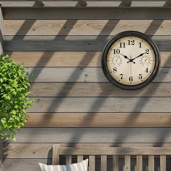 16 Inch Large Outdoor Clock with Thermometer and Hygrometer Combo, Waterproof Indoor Outdoor Wall Clocks for Patio, Pool