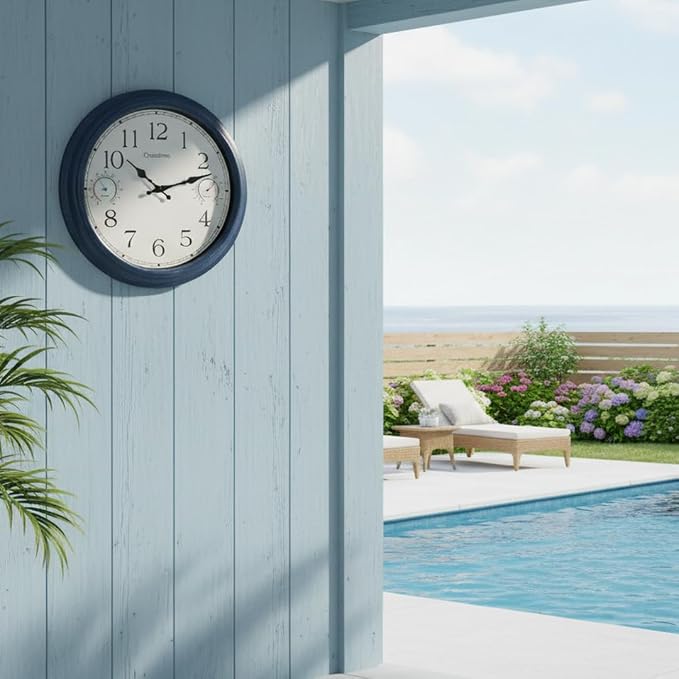 16 Inch Large Outdoor Clock with Thermometer & Hygrometer – Vintage Blue Coastal Decor Waterproof Wall Clock for Patio, Pool