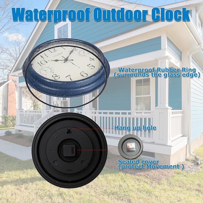 16 Inch Large Outdoor Clock with Thermometer & Hygrometer – Vintage Blue Coastal Decor Waterproof Wall Clock for Patio, Pool