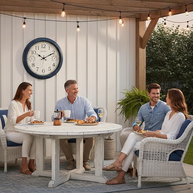 16 Inch Large Outdoor Clock with Thermometer & Hygrometer – Vintage Blue Coastal Decor Waterproof Wall Clock for Patio, Pool