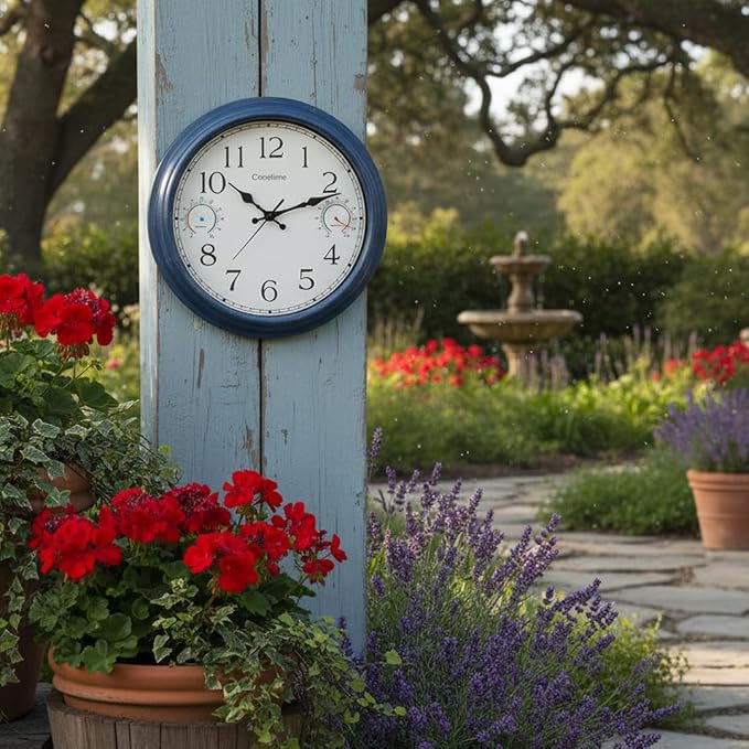 16 Inch Large Outdoor Clock with Thermometer & Hygrometer – Vintage Blue Coastal Decor Waterproof Wall Clock for Patio, Pool