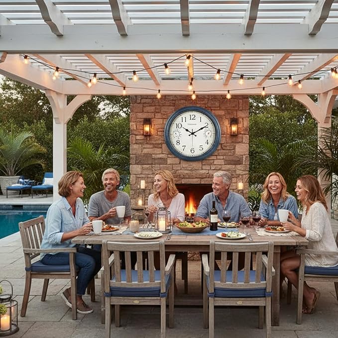16 Inch Large Outdoor Clock with Thermometer & Hygrometer – Vintage Blue Coastal Decor Waterproof Wall Clock for Patio, Pool