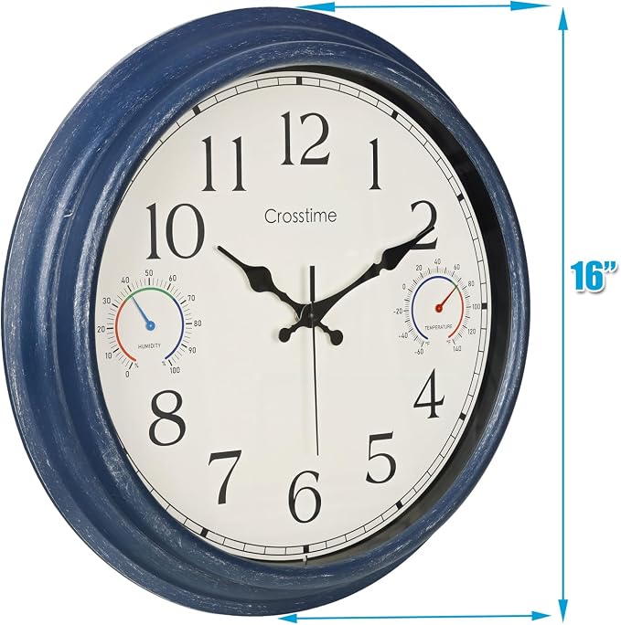 16 Inch Large Outdoor Clock with Thermometer & Hygrometer – Vintage Blue Coastal Decor Waterproof Wall Clock for Patio, Pool