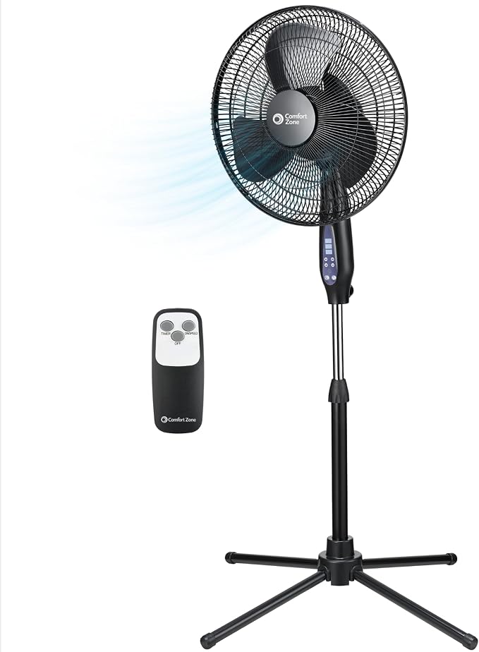 16-Inch Oscillating Pedestal Fan with Remote Control, 3-Speed High-Velocity Cooling, Adjustable Height & Tilt, Quad-Pod