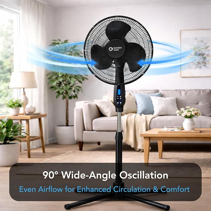 16-Inch Oscillating Pedestal Fan with Remote Control, 3-Speed High-Velocity Cooling, Adjustable Height & Tilt, Quad-Pod