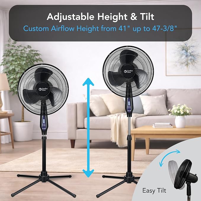 16-Inch Oscillating Pedestal Fan with Remote Control, 3-Speed High-Velocity Cooling, Adjustable Height & Tilt, Quad-Pod