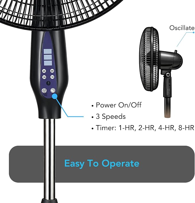 16-Inch Oscillating Pedestal Fan with Remote Control, 3-Speed High-Velocity Cooling, Adjustable Height & Tilt, Quad-Pod