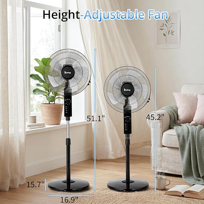 16 inch Oscillating Pedestal Fan with Remote Control, 3-Speed Stand Fan, High Velocity, Adjustable Height & Tilt, 7.5H Timer