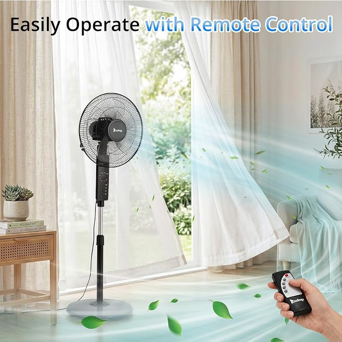 16 inch Oscillating Pedestal Fan with Remote Control, 3-Speed Stand Fan, High Velocity, Adjustable Height & Tilt, 7.5H Timer
