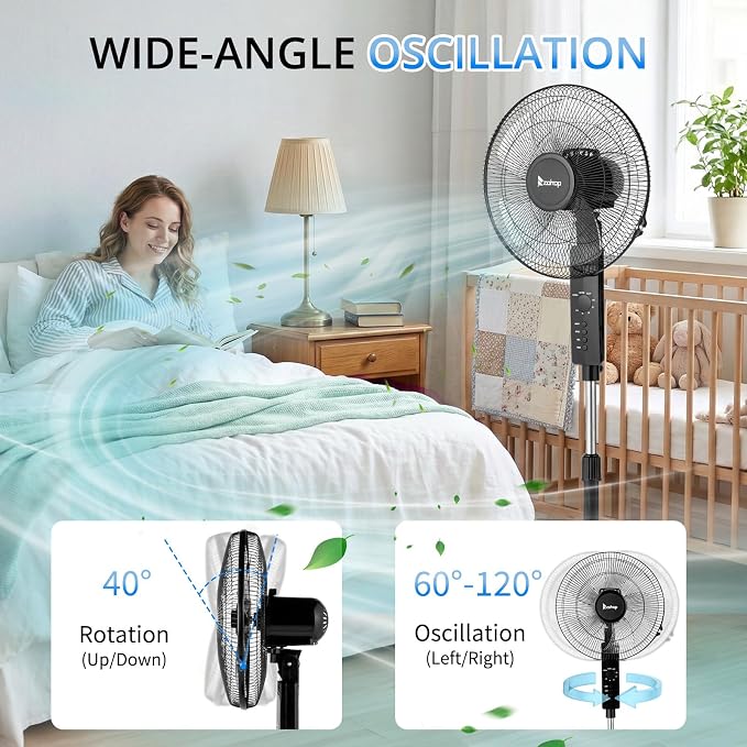 16 inch Oscillating Pedestal Fan with Remote Control, 3-Speed Stand Fan, High Velocity, Adjustable Height & Tilt, 7.5H Timer