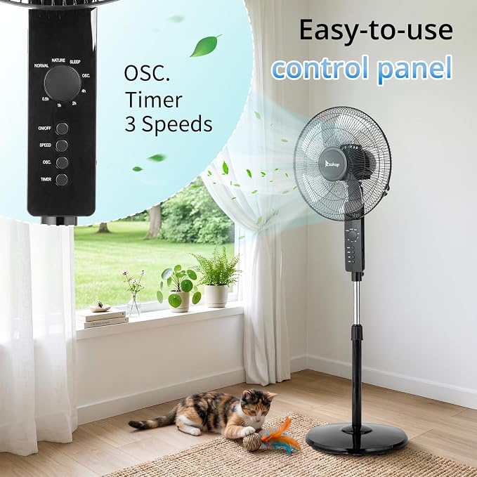 16 inch Oscillating Pedestal Fan with Remote Control, 3-Speed Stand Fan, High Velocity, Adjustable Height & Tilt, 7.5H Timer