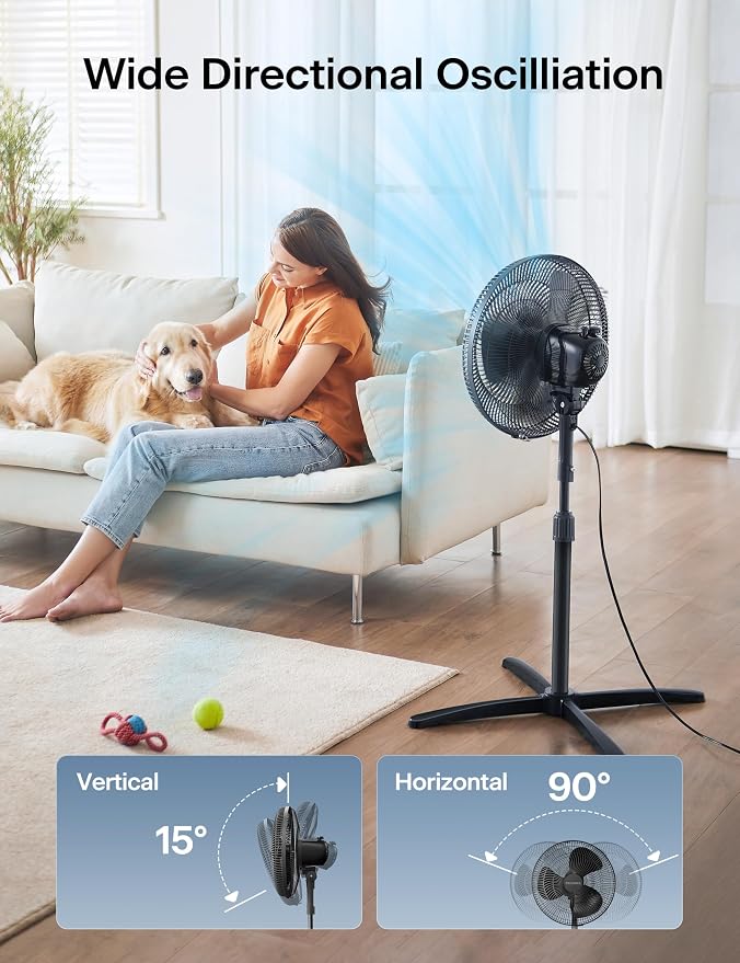 16 inch Pedestal Fan for Bedroom, Oscillating Fan, 3-Speeds, 90° Oscillation, Adjustable Height, Floor Fan, Standing Fan for