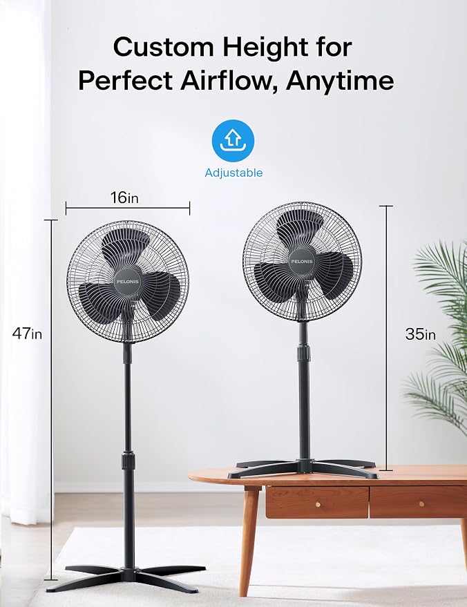 16 inch Pedestal Fan for Bedroom, Oscillating Fan, 3-Speeds, 90° Oscillation, Adjustable Height, Floor Fan, Standing Fan for