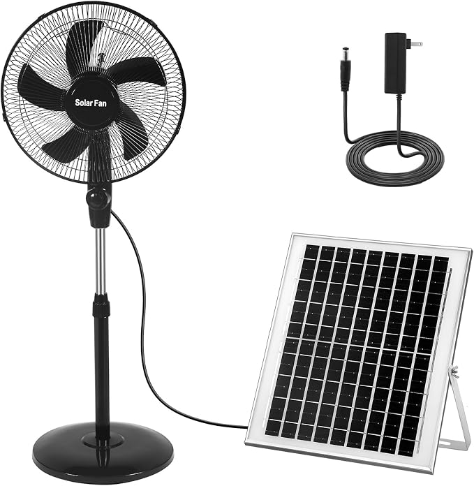 16 Inch Portable Solar Floor Fan Rechargeable Oscillating Standing Pedestal Fan with Solar Panel, 12000mah Battery, Two