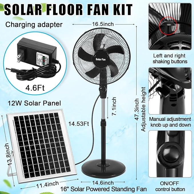16 Inch Portable Solar Floor Fan Rechargeable Oscillating Standing Pedestal Fan with Solar Panel, 12000mah Battery, Two