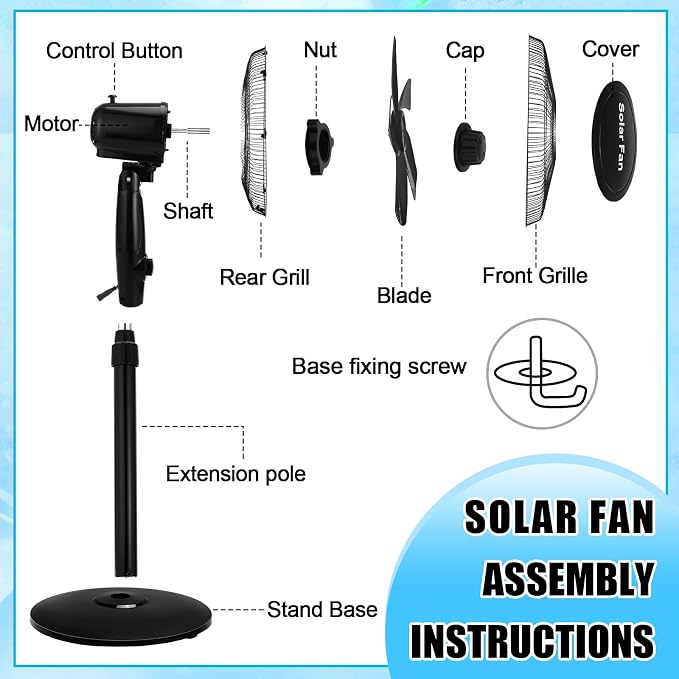 16 Inch Portable Solar Floor Fan Rechargeable Oscillating Standing Pedestal Fan with Solar Panel, 12000mah Battery, Two