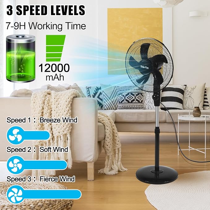 16 Inch Portable Solar Floor Fan Rechargeable Oscillating Standing Pedestal Fan with Solar Panel, 12000mah Battery, Two