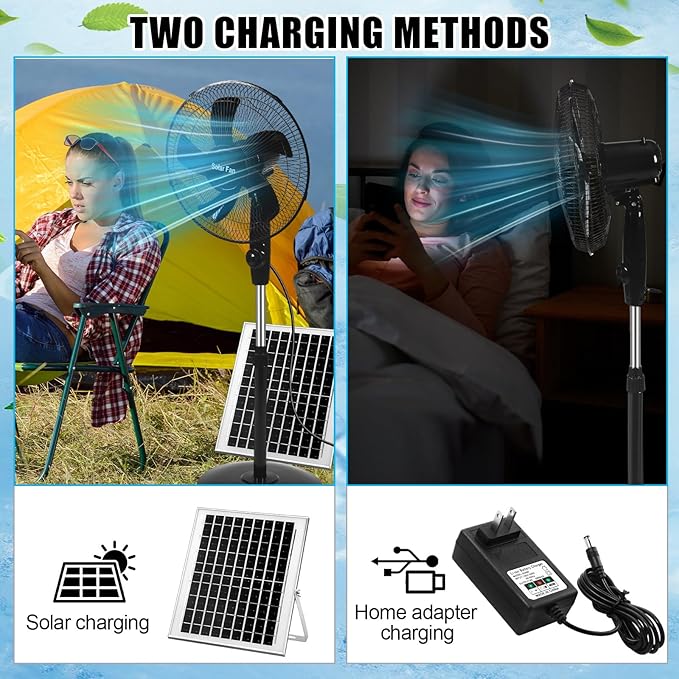16 Inch Portable Solar Floor Fan Rechargeable Oscillating Standing Pedestal Fan with Solar Panel, 12000mah Battery, Two