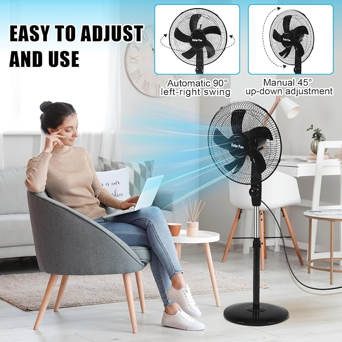 16 Inch Portable Solar Floor Fan Rechargeable Oscillating Standing Pedestal Fan with Solar Panel, 12000mah Battery, Two