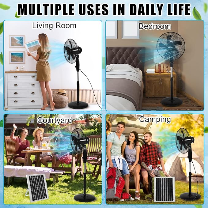 16 Inch Portable Solar Floor Fan Rechargeable Oscillating Standing Pedestal Fan with Solar Panel, 12000mah Battery, Two