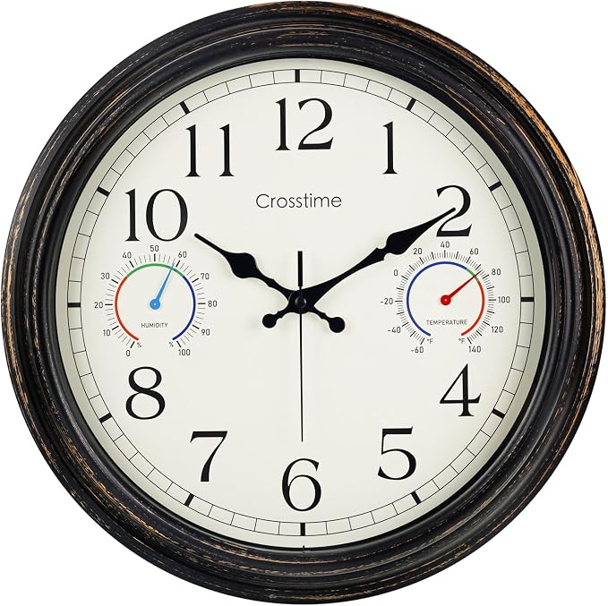 16 Inch Waterproof Outdoor Clock with Thermometer & Hygrometer Combo – Bronze Retro Vintage Decor Indoor Outdoor Wall Clocks