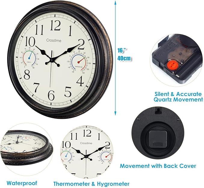 16 Inch Waterproof Outdoor Clock with Thermometer & Hygrometer Combo – Bronze Retro Vintage Decor Indoor Outdoor Wall Clocks