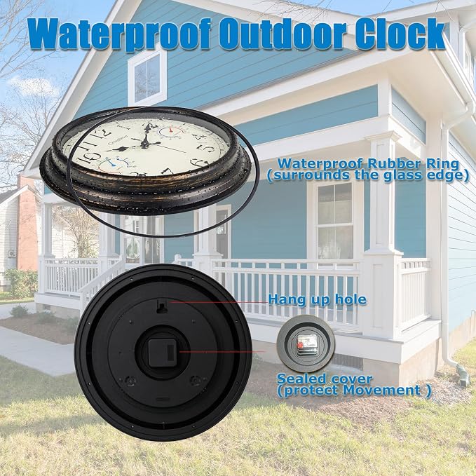 16 Inch Waterproof Outdoor Clock with Thermometer & Hygrometer Combo – Bronze Retro Vintage Decor Indoor Outdoor Wall Clocks