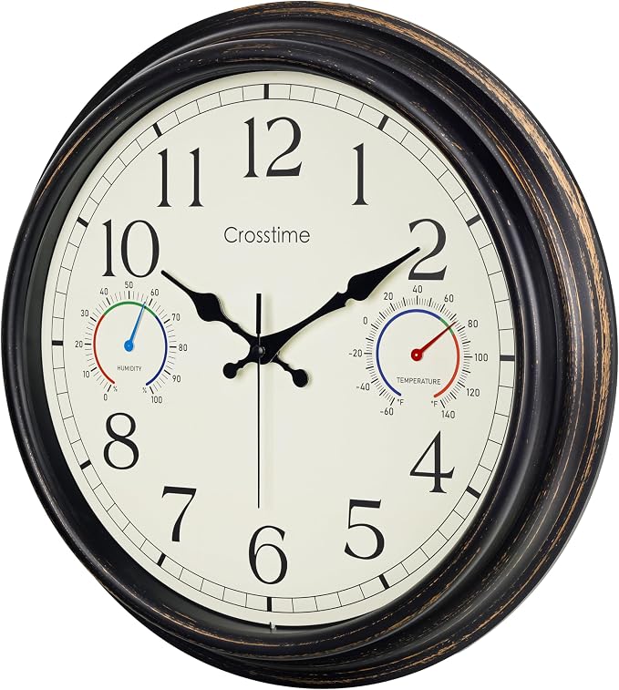 16 Inch Waterproof Outdoor Clock with Thermometer & Hygrometer Combo – Bronze Retro Vintage Decor Indoor Outdoor Wall Clocks