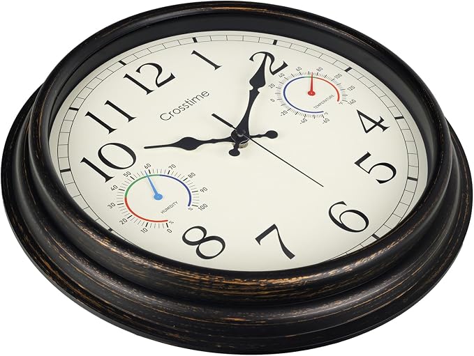 16 Inch Waterproof Outdoor Clock with Thermometer & Hygrometer Combo – Bronze Retro Vintage Decor Indoor Outdoor Wall Clocks