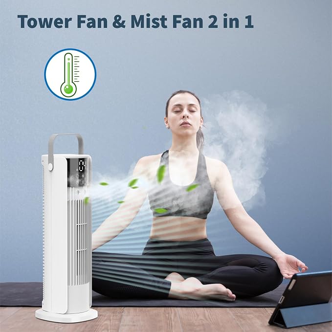 16'' Misting Tower Fan, 700ml Tank, 90° Oscillating Fan w/Remote, Bladeless Desk Fan, 4 Speeds, Timer, Cooling Fan for