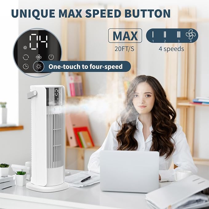 16'' Misting Tower Fan, 700ml Tank, 90° Oscillating Fan w/Remote, Bladeless Desk Fan, 4 Speeds, Timer, Cooling Fan for