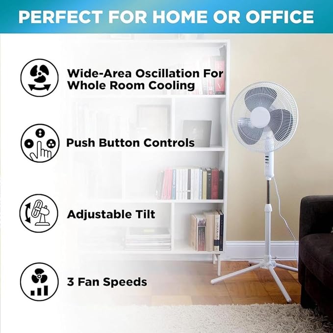 16” Oscillating Pedestal Fan, 3-speed Options, 90-Degree Oscillating Head, Adjustable Height and Tilt, Powerful Air Flow