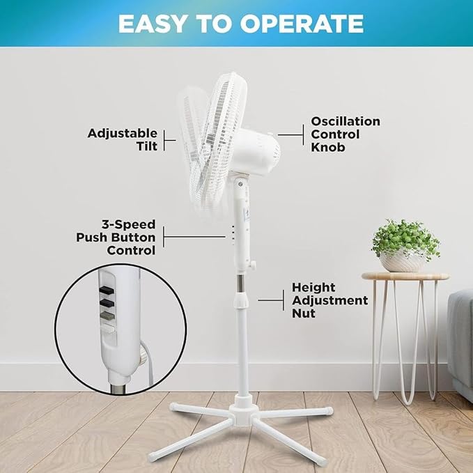 16” Oscillating Pedestal Fan, 3-speed Options, 90-Degree Oscillating Head, Adjustable Height and Tilt, Powerful Air Flow