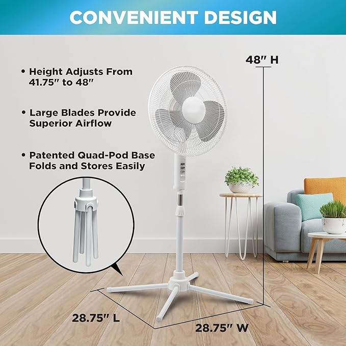 16” Oscillating Pedestal Fan, 3-speed Options, 90-Degree Oscillating Head, Adjustable Height and Tilt, Powerful Air Flow