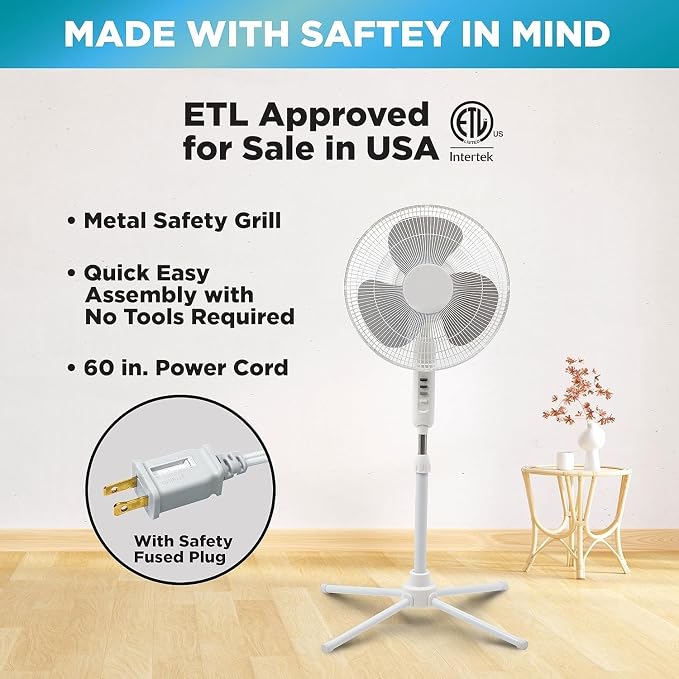 16” Oscillating Pedestal Fan, 3-speed Options, 90-Degree Oscillating Head, Adjustable Height and Tilt, Powerful Air Flow