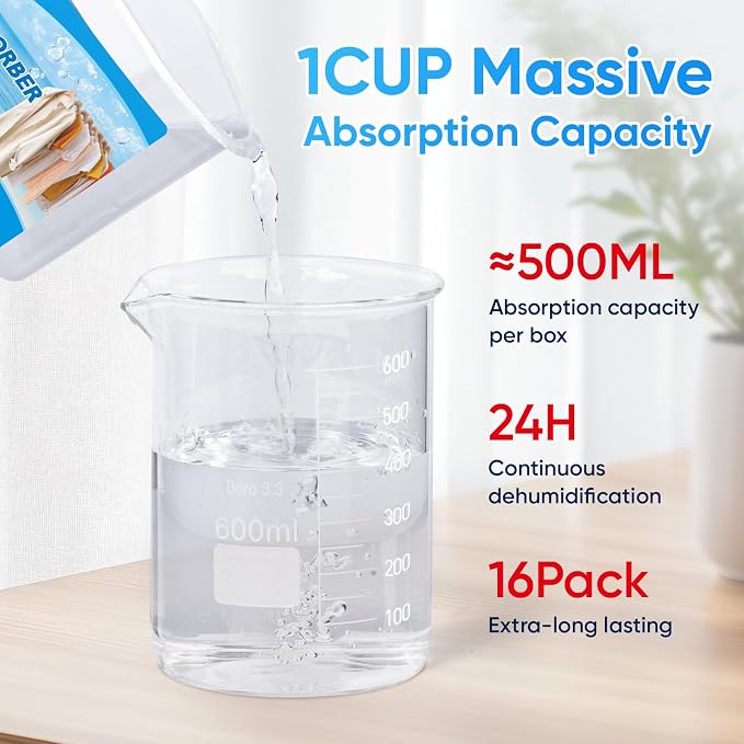16 Pack Moisture Absorbers, 10.5 OZ Humidity Absorber Bucket, Moisture Absorbers for Closet, Dehumidifier Bucket for