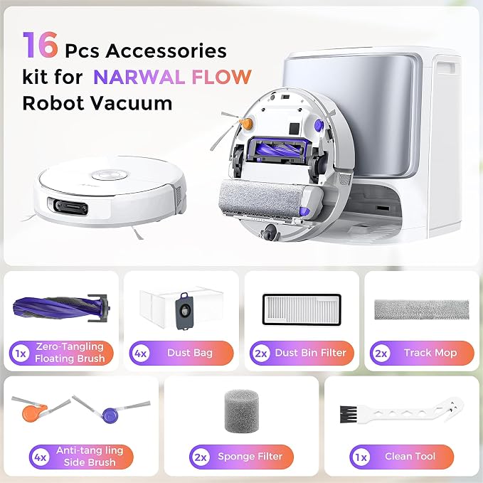 16 Pcs Accessories kit for FLOW Robot Vacuum, 1 Zero-Tangling Floating Brush, 4 Dust Bag, 2 Dust Bin Filter, 2 Track
