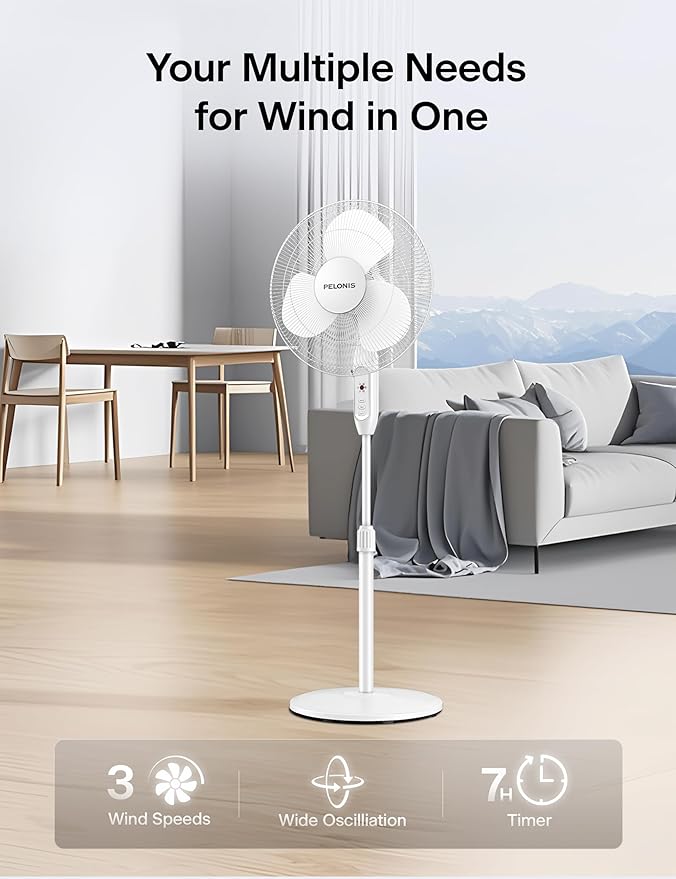 16'' Pedestal Fan for Bedoom with Remote, Upgraded, Standing Fan with 7-Hour Timer, 90° Oscillation, 3-Speeds, alternate view