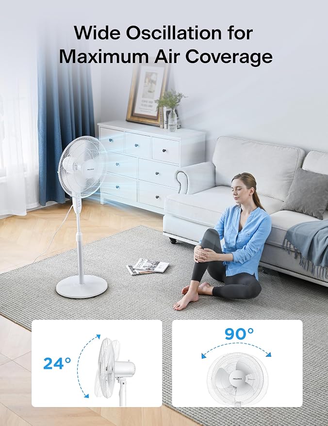 16'' Pedestal Fan for Bedoom with Remote, Upgraded, Standing Fan with 7-Hour Timer, 90° Oscillation, 3-Speeds, alternate view