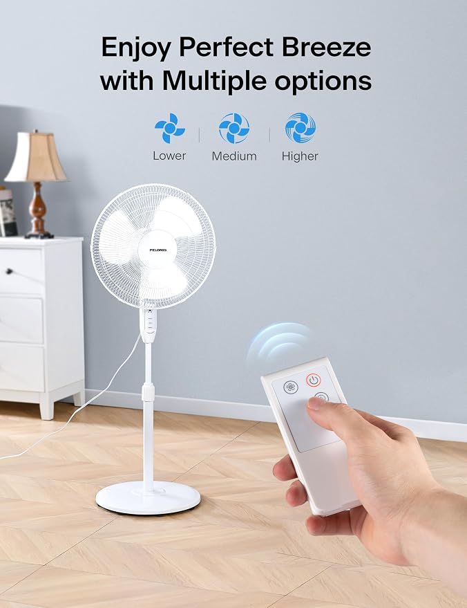 16'' Pedestal Fan for Bedoom with Remote, Upgraded, Standing Fan with 7-Hour Timer, 90° Oscillation, 3-Speeds, alternate view