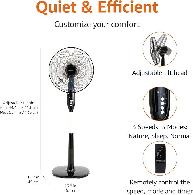 16" Pedestal Fan with Remote for Bedroom, Living Room, Office, Adjustable Height, Dual-Layered Blades, 3 Speeds, 3 Modes